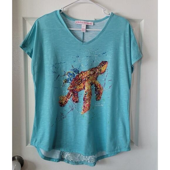 Leoma Lovegrove L Top Turtle Underwater Ocean Short Sleeve Lace Back Green Teal - Picture 2 of 7
